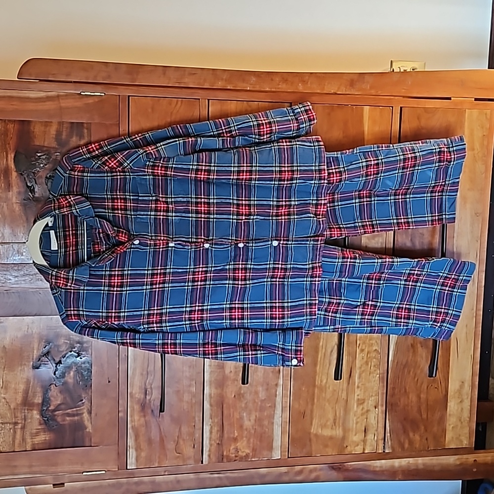 LLBean Wom flannel PJs Med Petite, blue w/ black red yellow $22